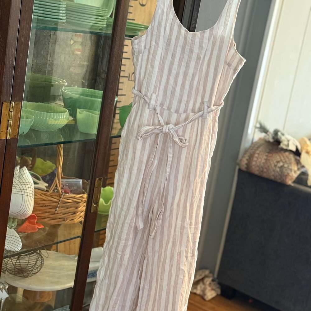 St. Tropez West 100% Linen Striped Wide Leg Jumpsuit